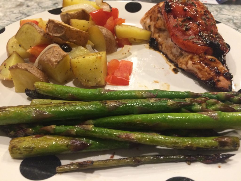 Tomato Basil Chicken with potatoes and asparagus
